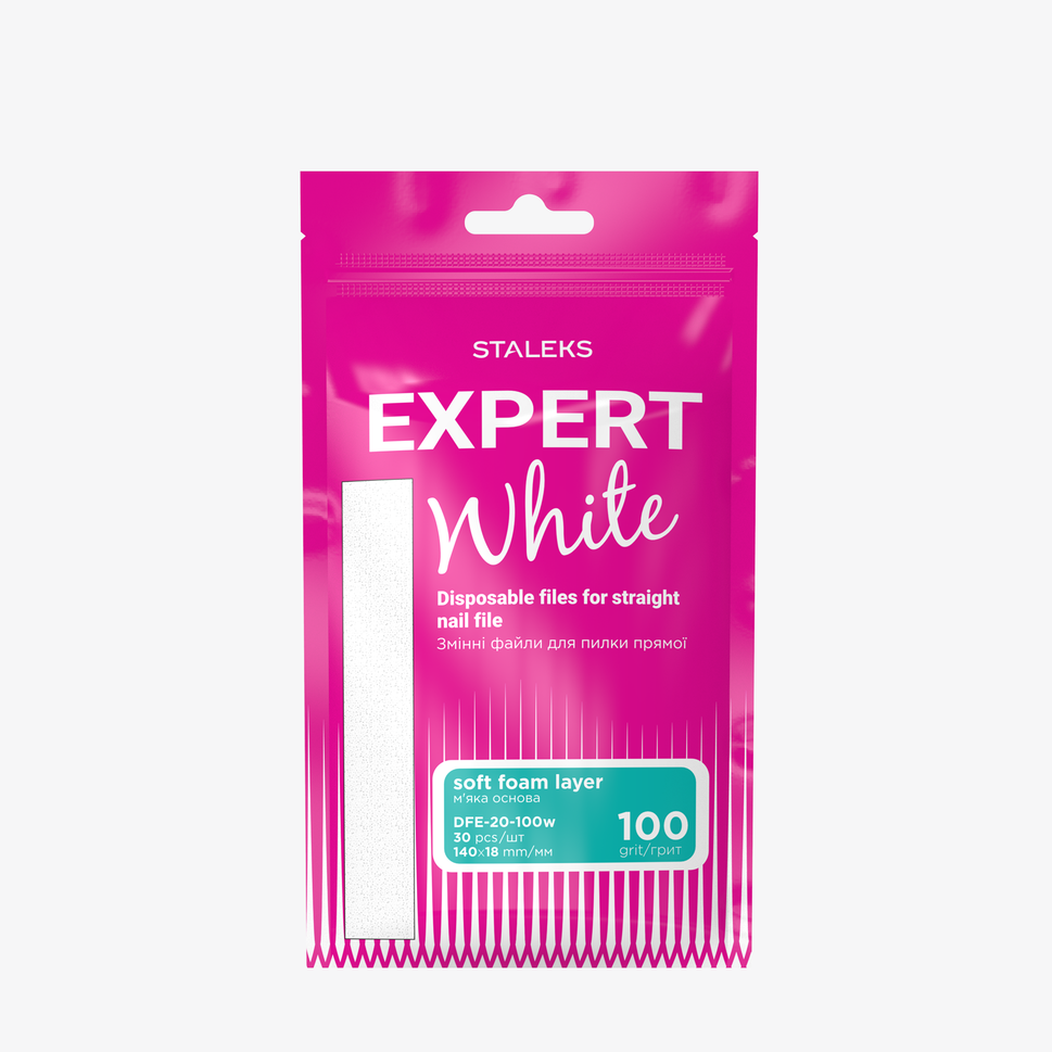 Limes à ongles blanches jetables, droites, montées sur une couche de mousse souple EXPERT 20, grain 100 (30 pièces)