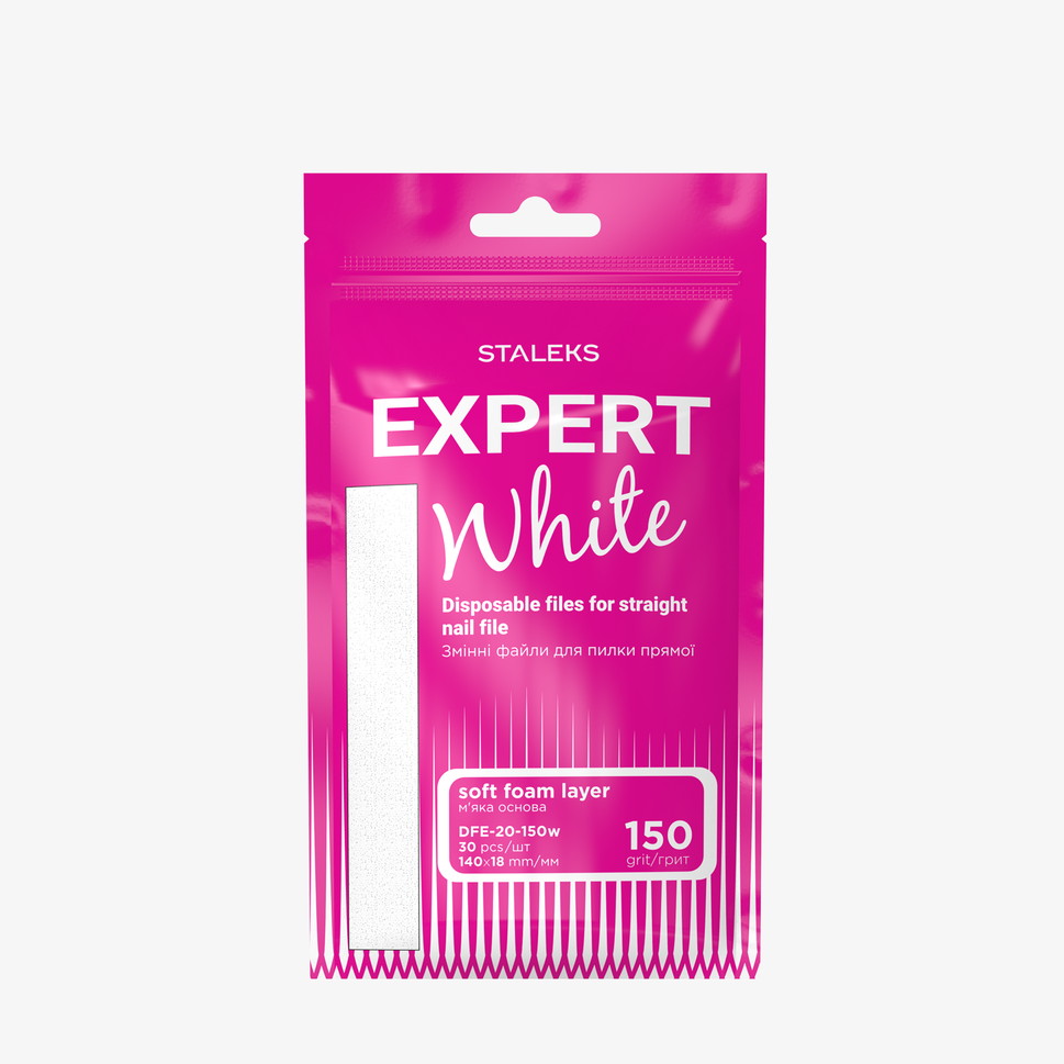 Disposable white straight nail files on a layer of soft foam EXPERT 20, 150 grit (30 pcs.)