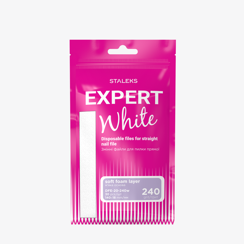 Limas blancas desechables para uñas, rectas, sobre una capa de espuma suave EXPERT 20, grano 240 (30 uds.)